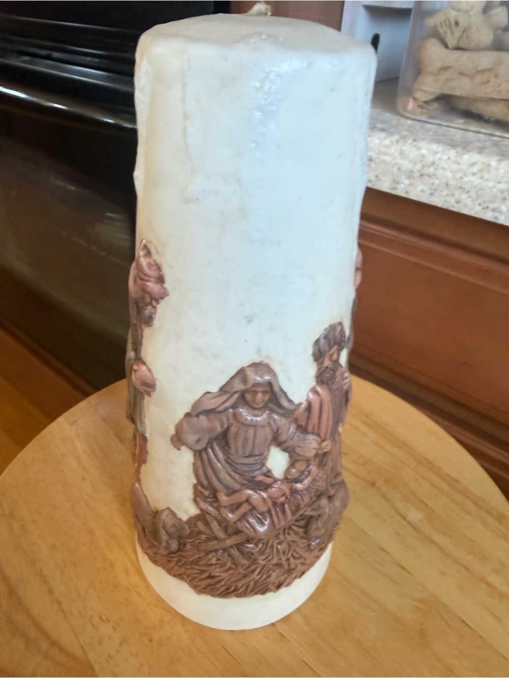 Religious Nativity Scene Pillar fake Candle - Cream with Bronze Relief